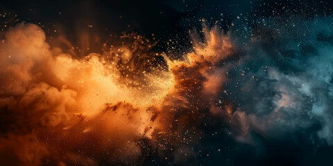 close up of an explosion in space, dark background, dust and smoke, Colorful explosion of dust and particles in blue and orange, creating a vibrant and dynamic scene with contrasting colors and intric