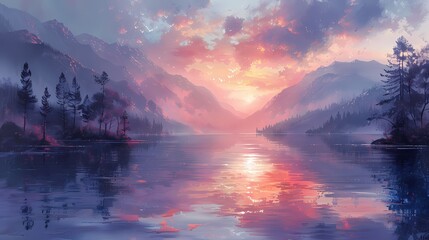 serene lake scene at sunset, with the sky and water painted in soft fluffy hues of pink and lavender