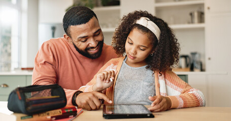 Girl, father and learning with tablet in home for online education or assessment, homeschool and...