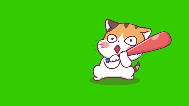 Animated Orange Cat with Baseball Bat | Green Screen | Video Stock Animation