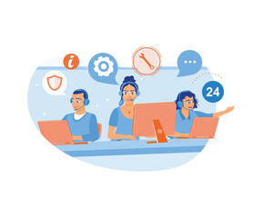 Hotline operators communicate with clients. Providing service to clients 24 hours a day. Hotline operator concept. Flat vector illustration.