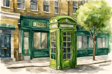water color Cute isometric  of a classic london phone booth. the image mixes historic british elegance with functional style, green and yellow