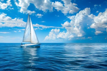 Obraz premium Sailing yacht in the open sea, blue sky with white clouds ai generative