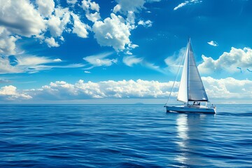 Obraz premium Sailing yacht in the open sea, blue sky with white clouds ai generative