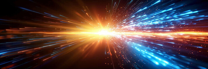 Naklejka premium Abstract burst of blue and orange light rays radiating from a central point, creating a dynamic and energetic visual effect with a futuristic and high-tech feel. 