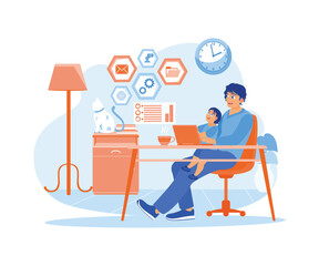A man works in his home office accompanied by his son. Using his laptop to work online. Home Office concept. Flat vector illustration.
