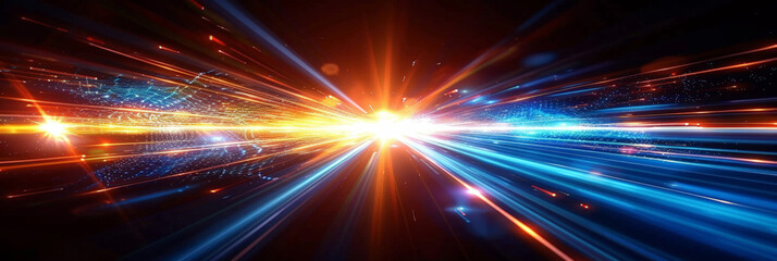Abstract burst of blue and orange light rays radiating from a central point, creating a dynamic and energetic visual effect with a futuristic and high-tech feel.
