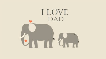 Minimalist Father's Day card featuring simple line drawings of an elephant and its calf with red heart-shaped ears, "I LOVE DAD" in elegant script on a cream background. Vector illustration with flat 