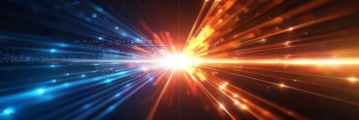 Fototapeta premium Abstract burst of blue and orange light rays radiating from a central point, creating a dynamic and energetic visual effect with a futuristic and high-tech feel. 