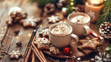 Festive wooden table with branches enjoying hot chocolate with cream and gingerbread during...