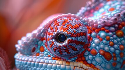 Close-up of a chameleon's eye, its intricate patterns shifting and swirling as it focuses on a colorful insect