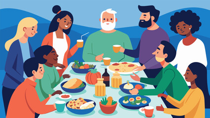 A potluck dinner where food is not just a means of sustenance but a way to connect and celebrate the diversity of the community.. Vector illustration