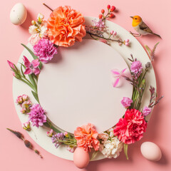 A spring-themed arrangement in a photographic style, featuring a large circular off-white plaque surrounded by pastel-colored Easter eggs and vibrant flowers
