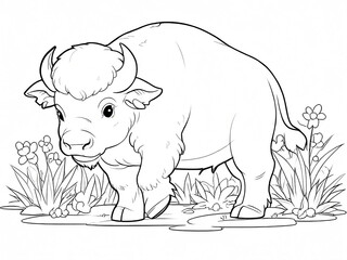 A buffalo in nature outline for coloring book Generative AI