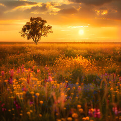 Golden Sunset Over Serene Field with Wildflowers and Solitary Tree Silhouette