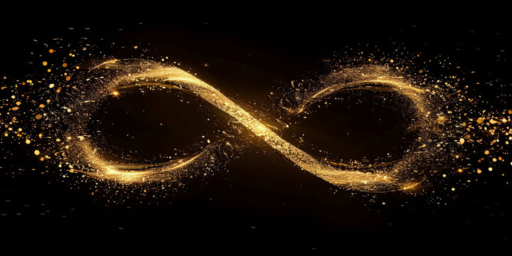 Glowing golden infinity symbol with sparkling particles, creating a sense of elegance and timelessness on a dark background.
