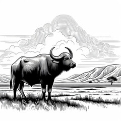 A buffalo in nature outline for coloring book Generative AI