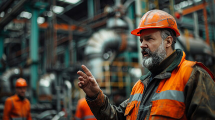 An experienced foreman directs workers in a busy industrial setting, emphasizing safety and efficiency.