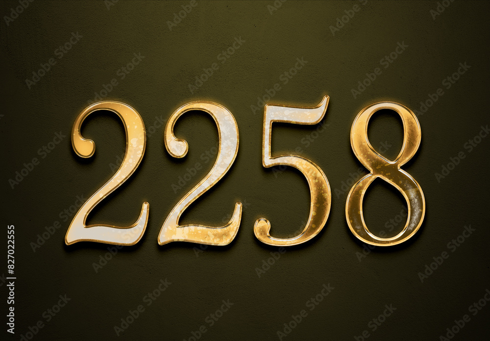 Wall mural old gold effect of 2258 number with 3d glossy style mockup.