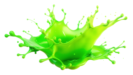 Neon Green Splash – Eye-Catching Highlight: A neon green liquid splash that stands out as an eye-catching highlight, isolated on a white background.
