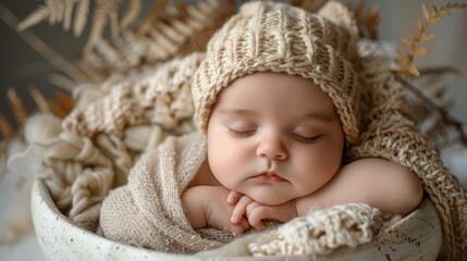Newborn Baby Sleeping in Cozy Knitted Blanket and Hat