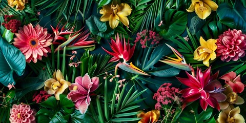 A dynamic wallpaper background vibrant arrangement of tropical flowers and lush green leaves, showcasing various species in a colorful and detailed display.