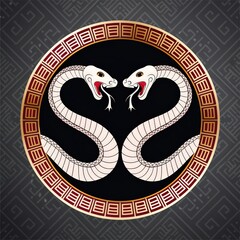 Fototapeta premium symbol snake. tow snake design. chinese style snake. chinese icon circle Snake 2 head. white color and black background. snake tatto, snake art, logo snake. icon snake. yin yang snake. shio snake