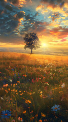 Golden Sunset Over Serene Field with Wildflowers and Solitary Tree Silhouette
