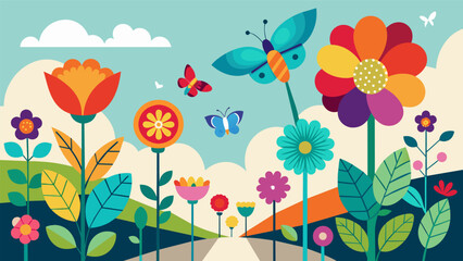 A whimsical street mural featuring vibrant flowers and butterflies representing growth transformation and possibilities.. Vector illustration