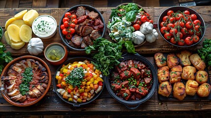 A mouth-watering food spread featuring a variety of gourmet dishes, beautifully arranged on a rustic wooden table.