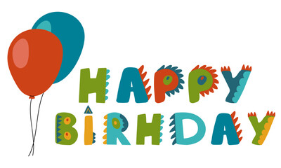 Funny Dino lettering banner. Happy Birthday lettering card. Design for childish birthday poster, banner and card. Vector illustration