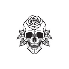 skull head and rose outlined tattoo doodle