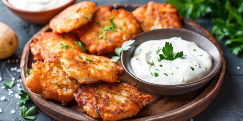 Fototapeta premium Potato pancakes with sour cream on plate