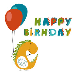 Funny Dino holding congratulatory balloons. Happy Birthday lettering card. Design for childish birthday poster, banner and card.