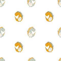 Funny dinosaurs print. Kids seamless dino pattern in pastel colors. For nursery, wallpaper, baby clothing, packaging, wrapping paper