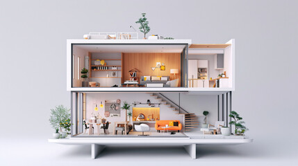 3D illustration of a cute plastic house with a blue roof and minimalistic design