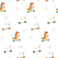 Dino on a scooter. Funny dinosaur seamless pattern for textiles and fabrics, wallpaper, wrapping paper for kids and babies