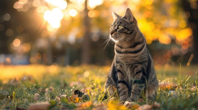 Tabby Cat Sitting in Park with Blurred Background and Empty Space on Right