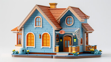 3D illustration of a cute plastic house with a blue roof and minimalistic design