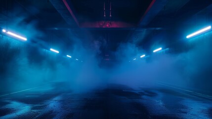 A dark empty street, dark blue background, an empty dark scene, neon light, spotlights The asphalt floor and studio room with smoke float up the interior texture. night view, generative ai
