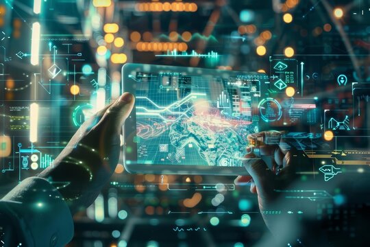 A disruptive innovation scene showing a company introducing a revolutionary technology that transforms consumer behavior and industry standards