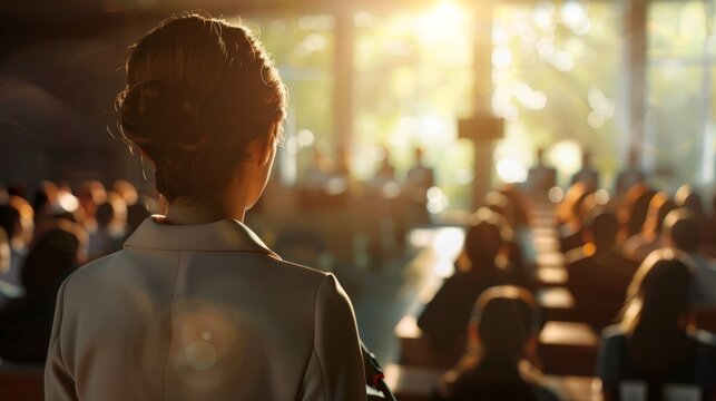 A keynote speaker discussing global educational trends in front of an international audience, with interpreters in the background, Teacher's day, natural light, soft shadows, blurr