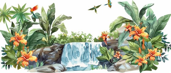 A kawaii watercolor of a canna lily, with fiery orange blooms, in a lush jungle, next to a cascading waterfall, with colorful parrots flying above, isolated on white