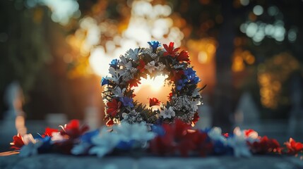 A red, white, and blue wreath placed at the base of a statue honoring fallen soldiers, with copy space, blurred background