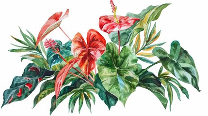 A set of watercolor of a caladium, with striking red and green leaves, in a tropical rainforest, with exotic birds and vibrant flowers, isolated on white