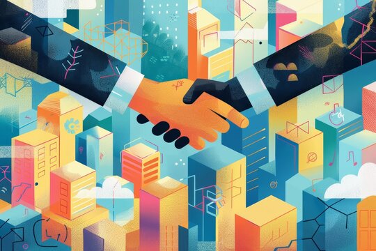 A strategic partnership illustration where businesses in complementary industries join forces, combining resources and expertise to create new market opportunities