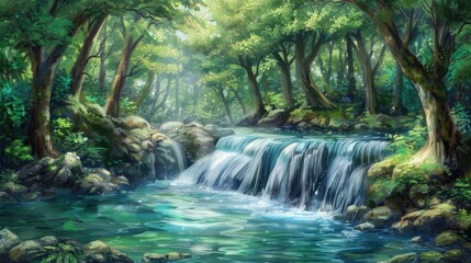 river and waterfall forest background concept