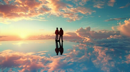 A loving gay couple exploring a breathtaking floating city in the sky, walking hand in hand on transparent walkways with stunning views of clouds and distant landscapes below