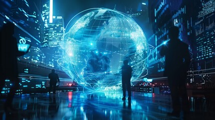 Global hologram, business people and digital transformation with scifi, cyberpunk or information technology light innovation background. Futuristic