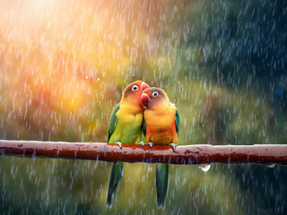 two lovebirds in the rain